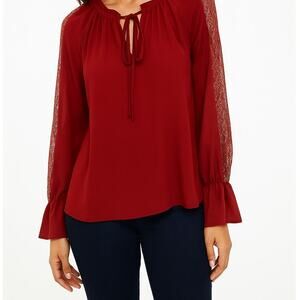 SOHO Red Blouse With Gold Trim Sheer Sleeves XS NWOT